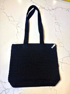 THE SAK Woven Crochet Double Strap Shoulder Tote Bag | Black